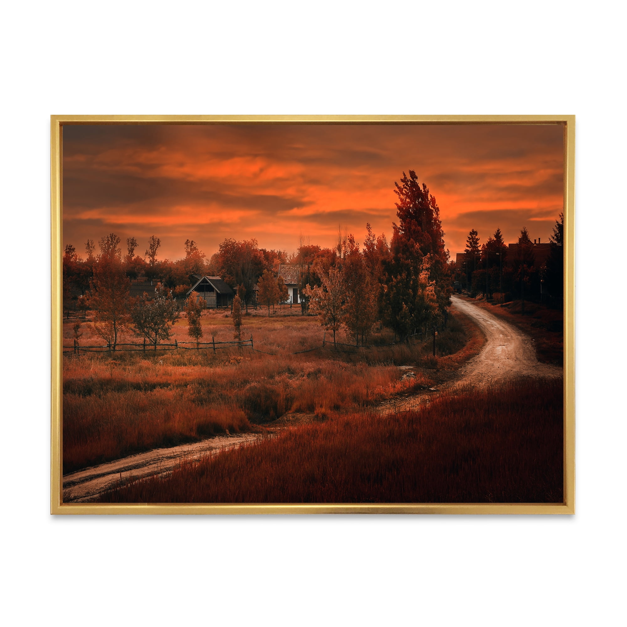 Designart 'The Road By The Farm In Dark Pink Sunset' Farmhouse Framed Canvas Wall Art Print