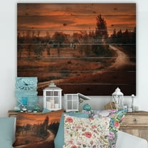 Designart 'The Road By The Farm In Dark Pink Sunset' Farmhouse Print on Natural Pine Wood