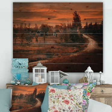 Designart 'The Road By The Farm In Dark Pink Sunset' Farmhouse Print on Natural Pine Wood