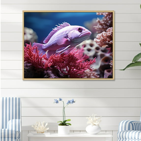 Designart "The Royal Purple Dance Amidst Coral" Coastal Coral Under Water Floater Framed Wall Art Living Room