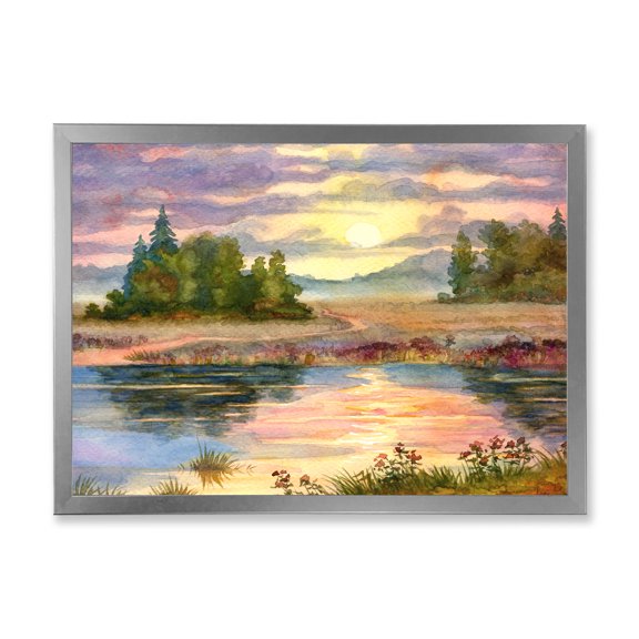 Designart 'The Rural Lake In Sunset Evening I' Traditional Framed Art Print