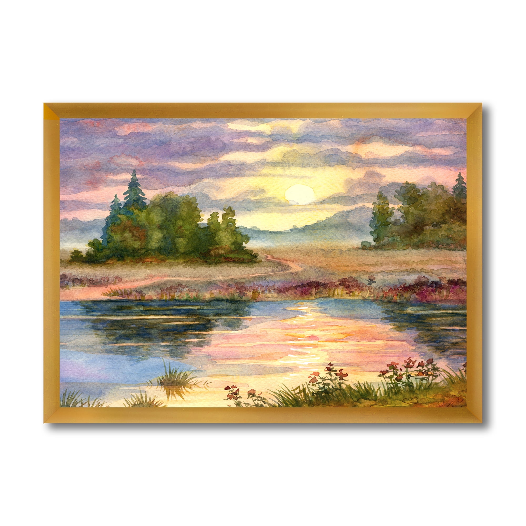 Designart 'The Rural Lake In Sunset Evening I' Traditional Framed Art Print