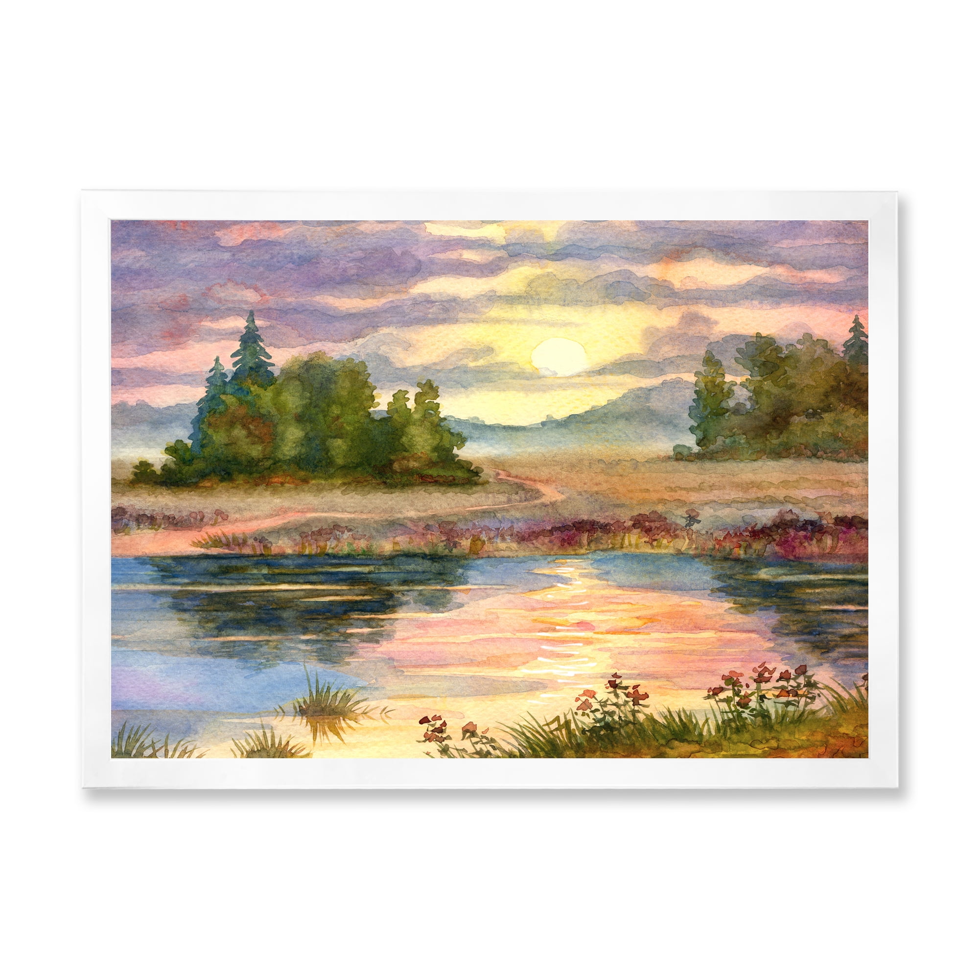 Designart 'The Rural Lake In Sunset Evening I' Traditional Framed Art Print