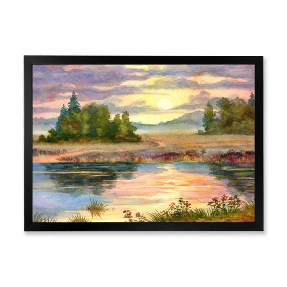 Designart 'The Rural Lake In Sunset Evening I' Traditional Framed Art Print