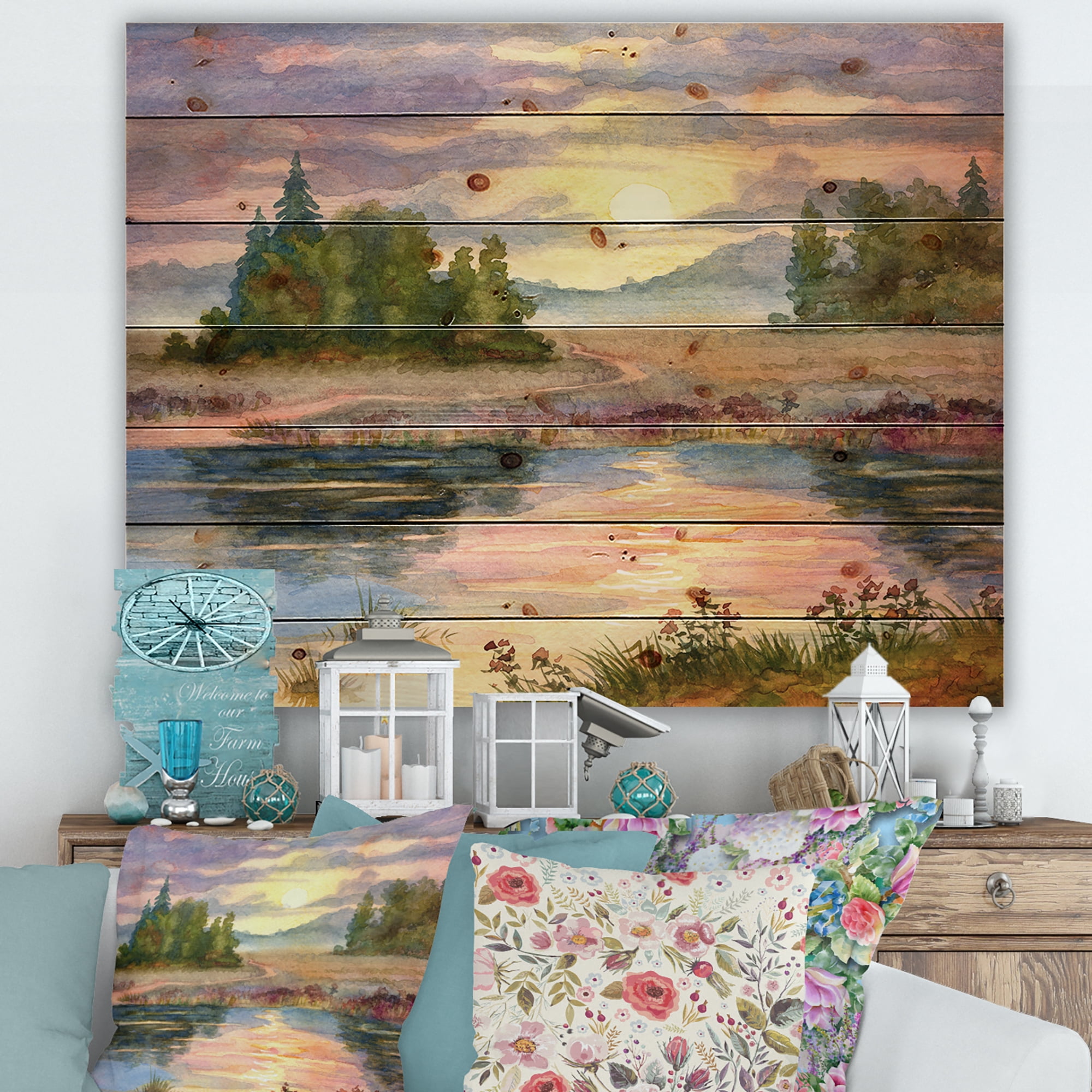 Designart 'The Rural Lake In Sunset Evening I' Traditional Print on Natural Pine Wood