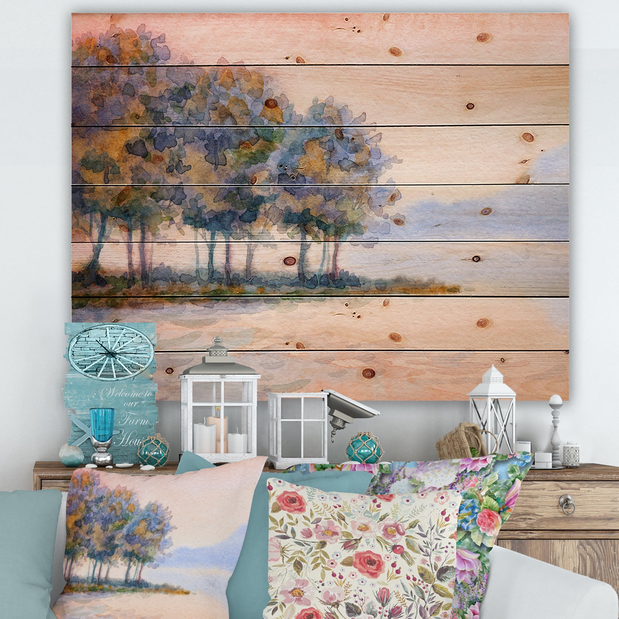 Designart 'The Rural Lake In Sunset Evening II' Traditional Print on Natural Pine Wood