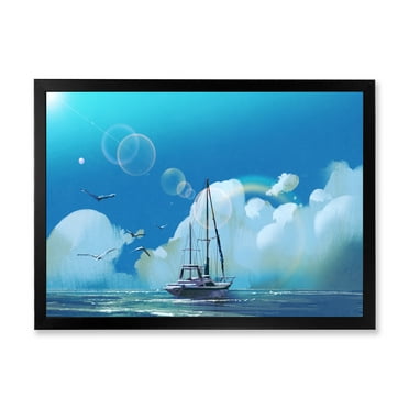 Designart 'The Sailboat On The Blue Sea Against Summer Clouds Sky' Nautical & Coastal Framed Art Print