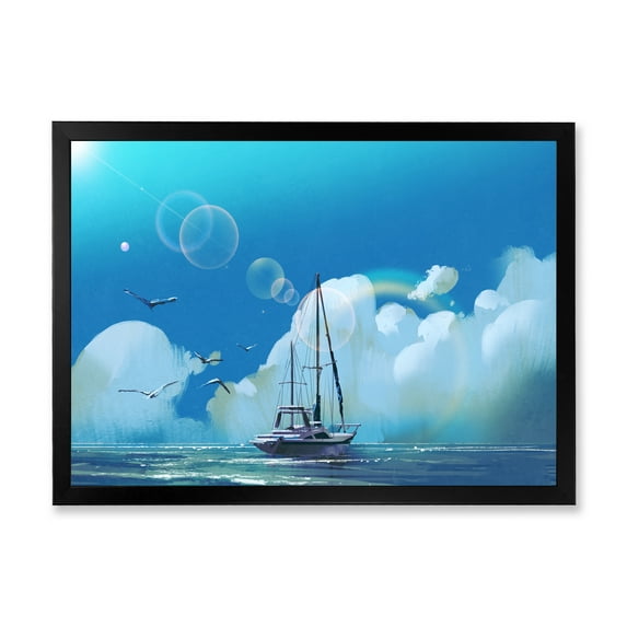 Designart 'The Sailboat On The Blue Sea Against Summer Clouds Sky' Nautical & Coastal Framed Art Print