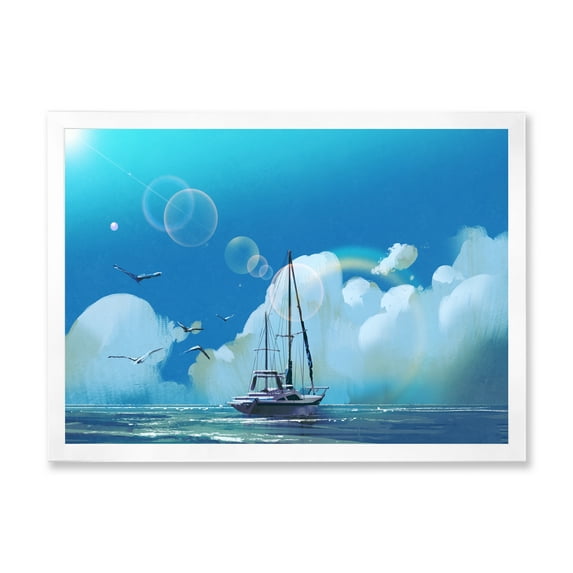 Designart 'The Sailboat On The Blue Sea Against Summer Clouds Sky' Nautical & Coastal Framed Art Print