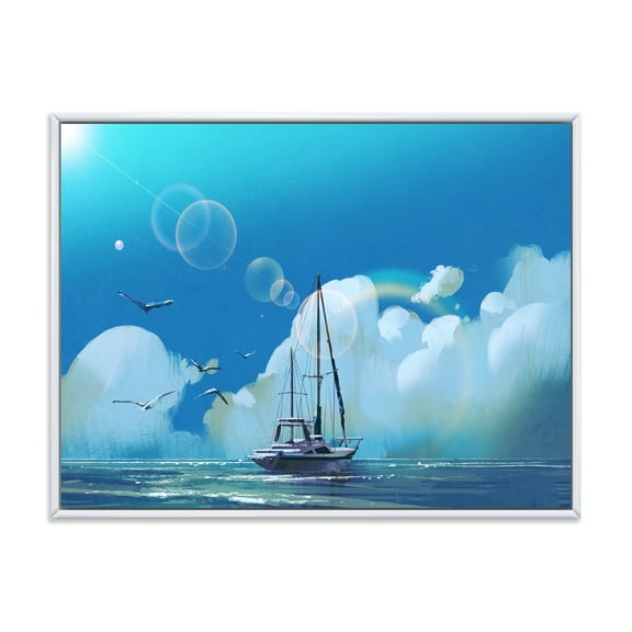 Designart 'The Sailboat On The Blue Sea Against Summer Clouds Sky' Nautical & Coastal Framed Canvas Wall Art Print