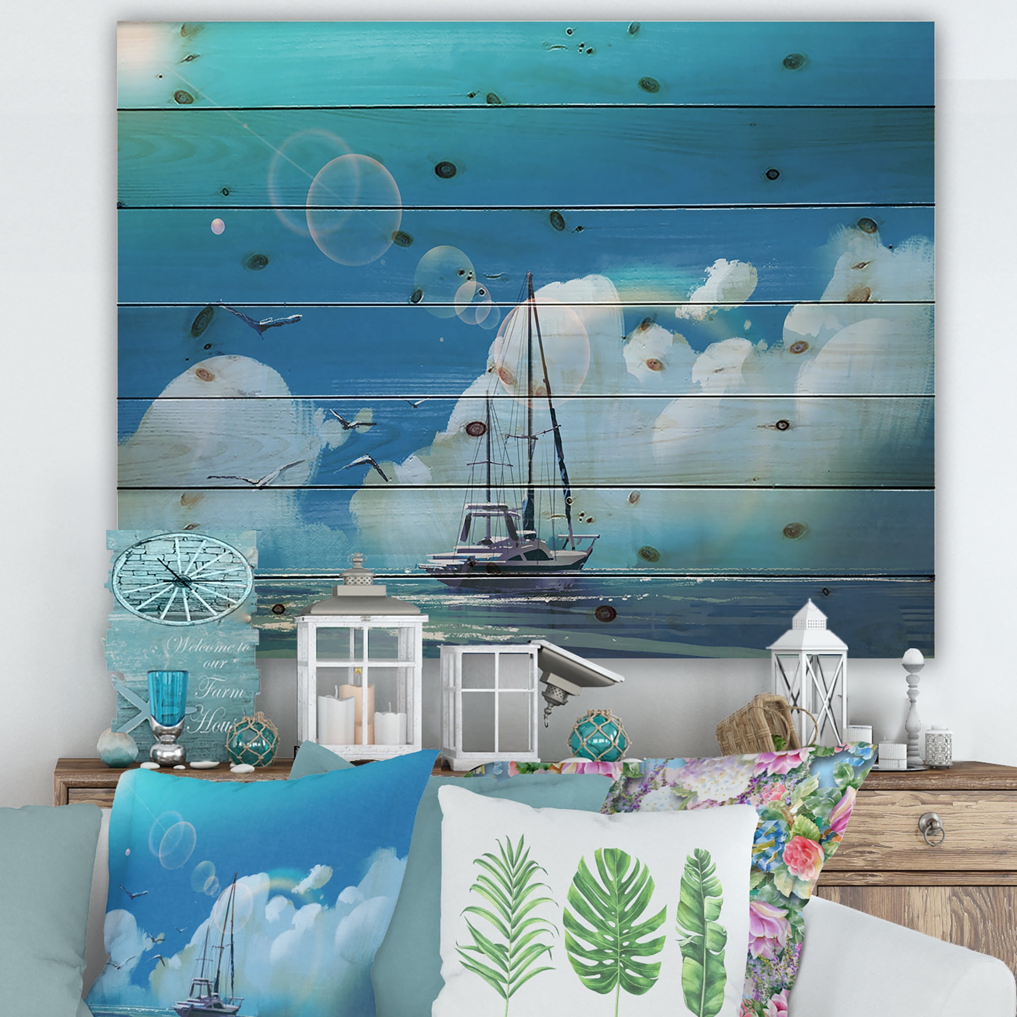Designart 'The Sailboat On The Blue Sea Against Summer Clouds Sky' Nautical & Coastal Print on Natural Pine Wood