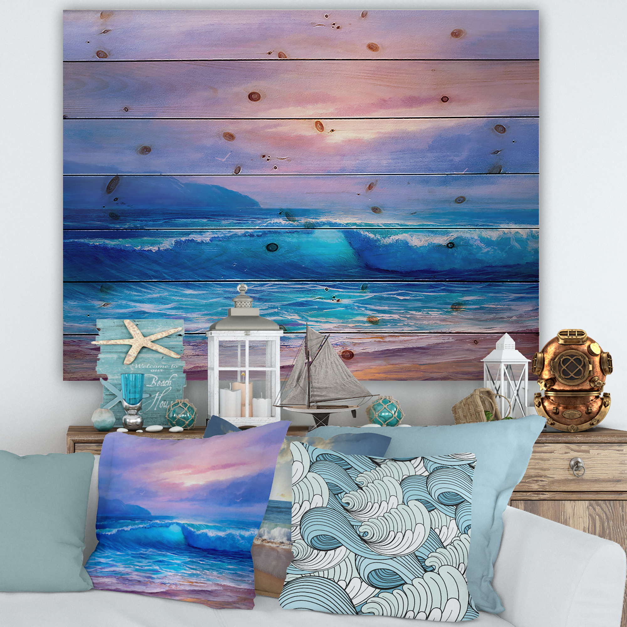 Designart 'The Sea By The Beach With Golden Sunset' Nautical & Coastal Print on Natural Pine Wood