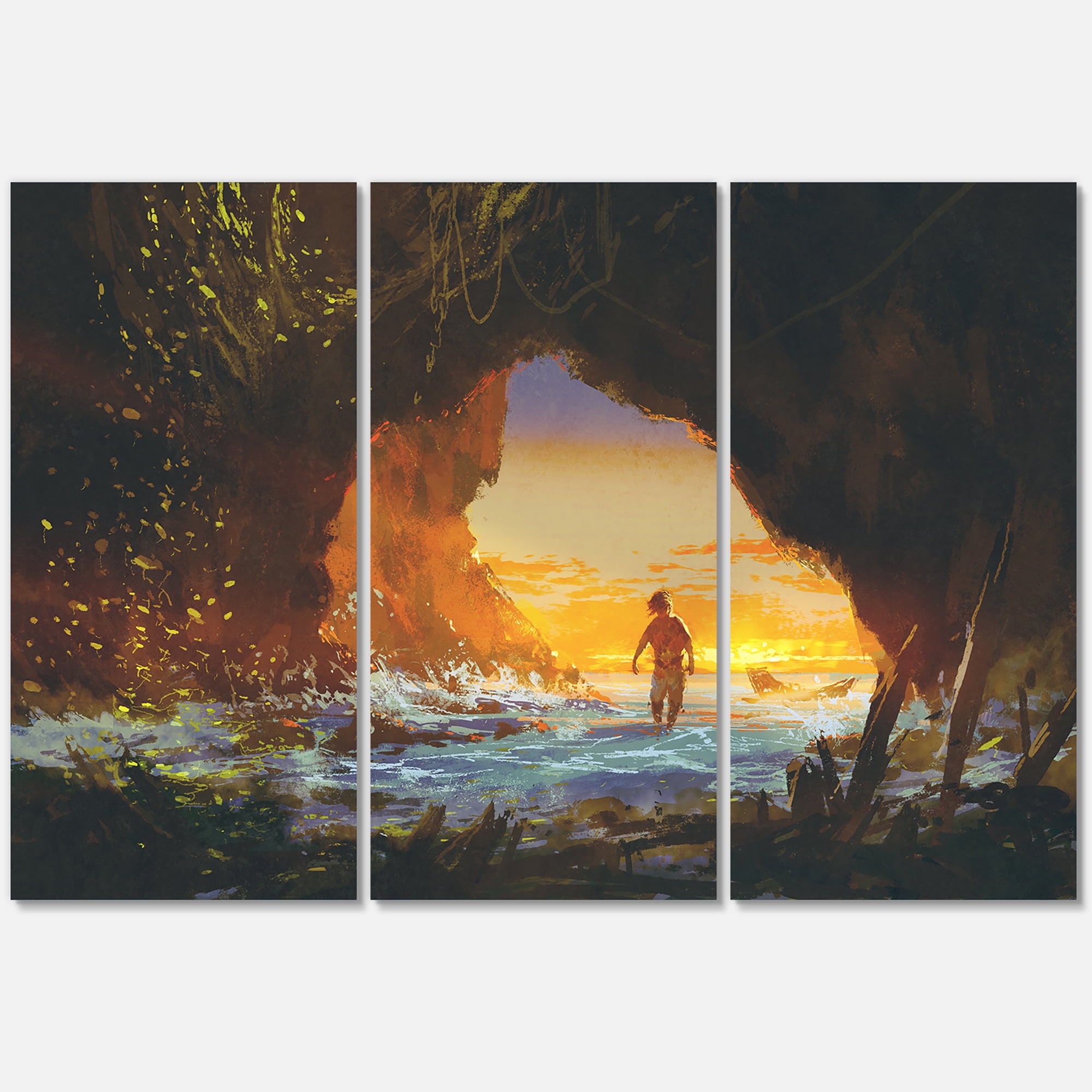 Designart ' The Sea Cave At Sunset With The Man Walking In ' Nautical & Coastal Canvas Wall Art Print