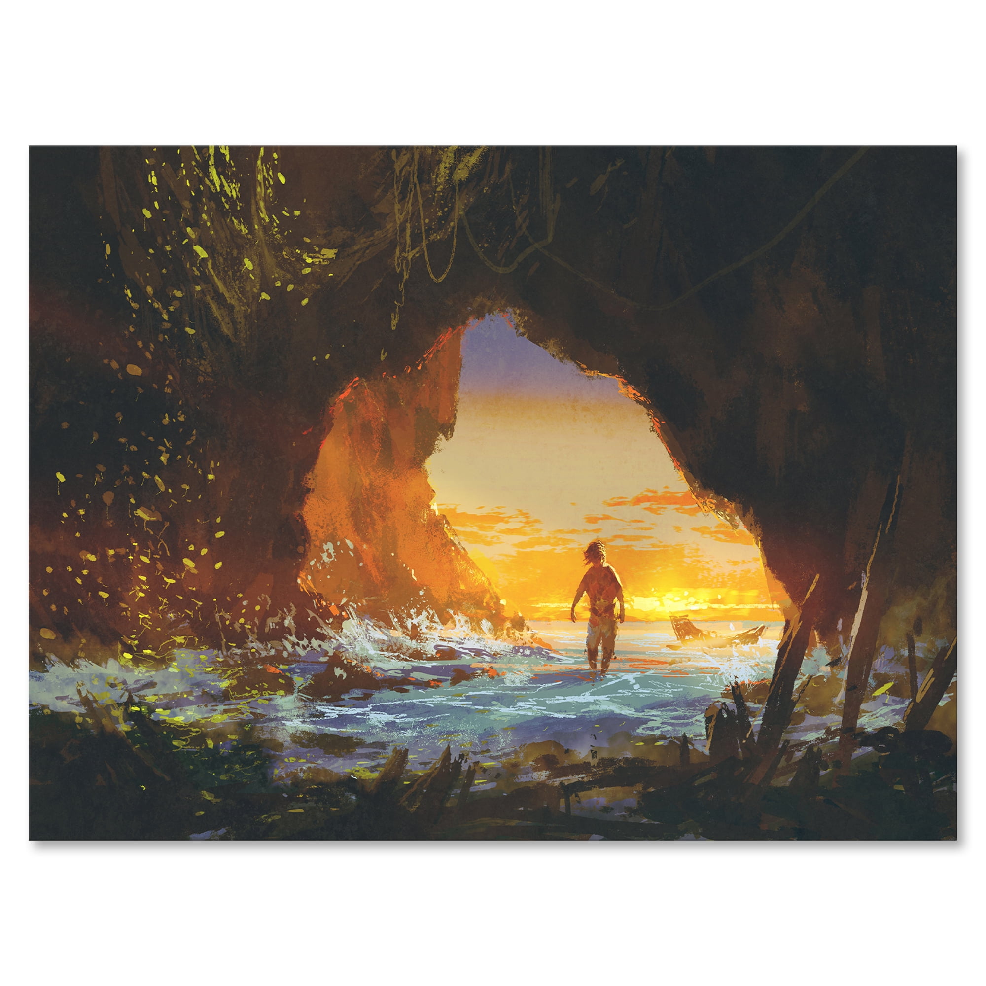 Designart ' The Sea Cave At Sunset With The Man Walking In ' Nautical & Coastal Canvas Wall Art Print