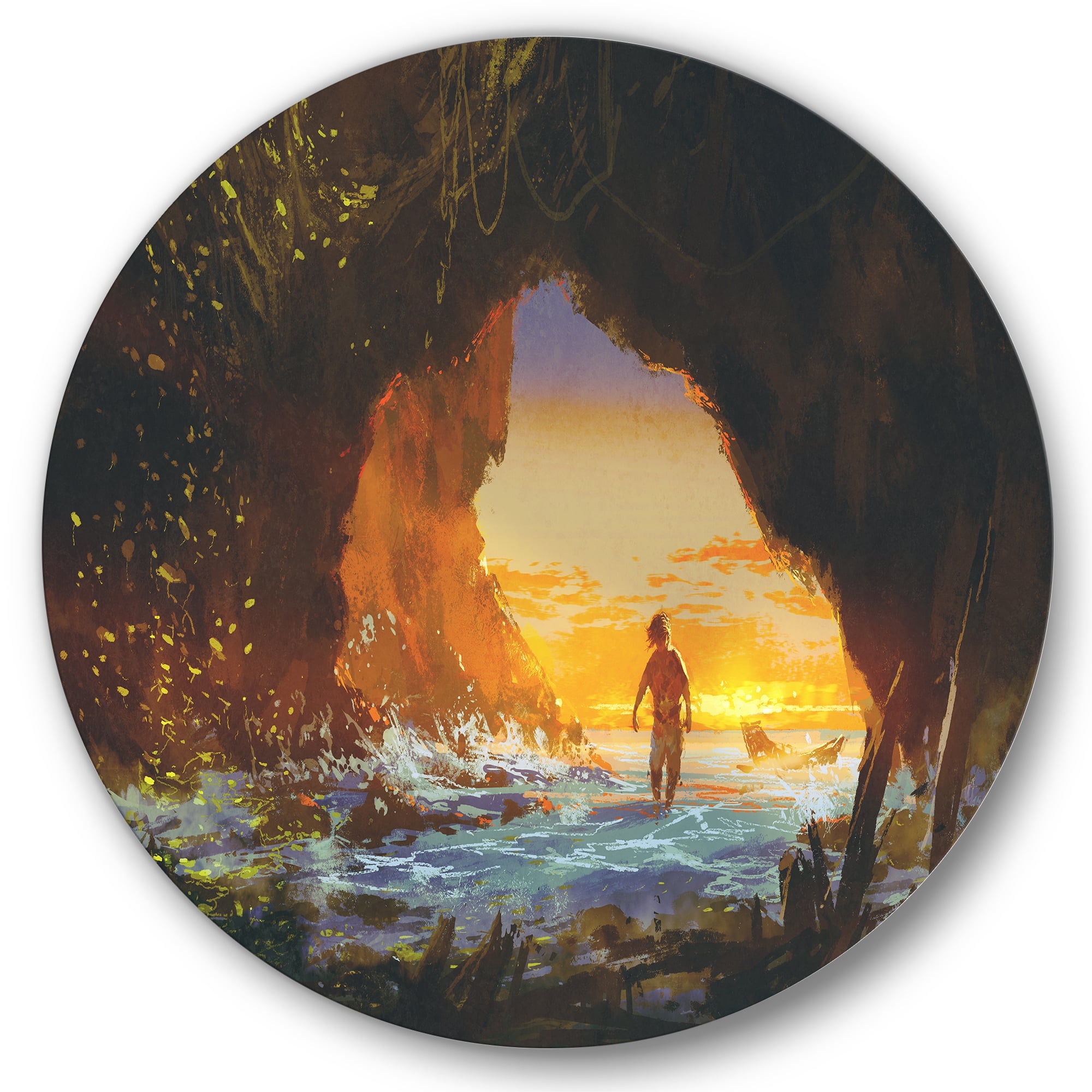 Designart 'The Sea Cave At Sunset With The Man Walking In' Nautical & Coastal Circle Metal Wall Art 29x29 - Disc of 29