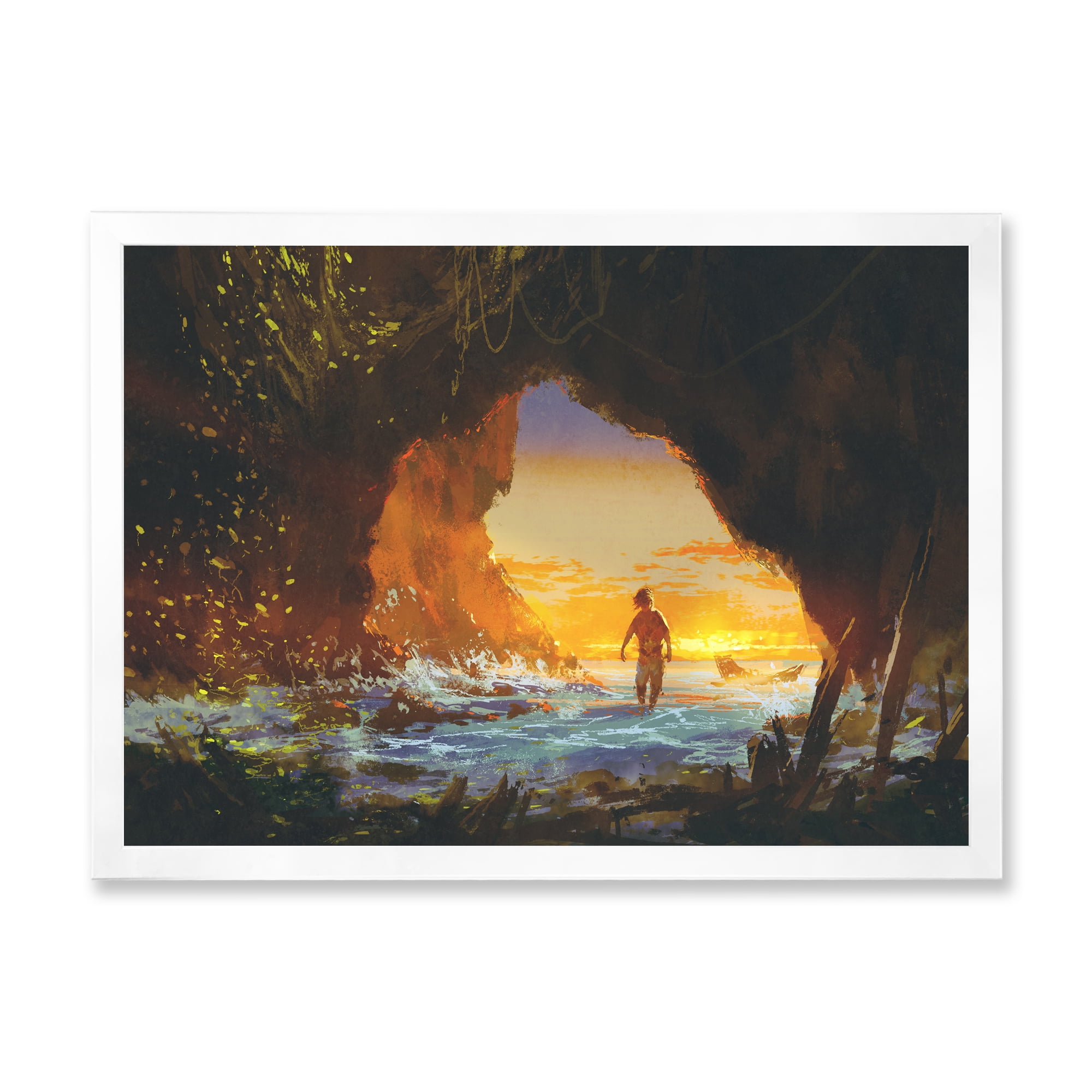 Designart 'The Sea Cave At Sunset With The Man Walking In' Nautical & Coastal Framed Art Print