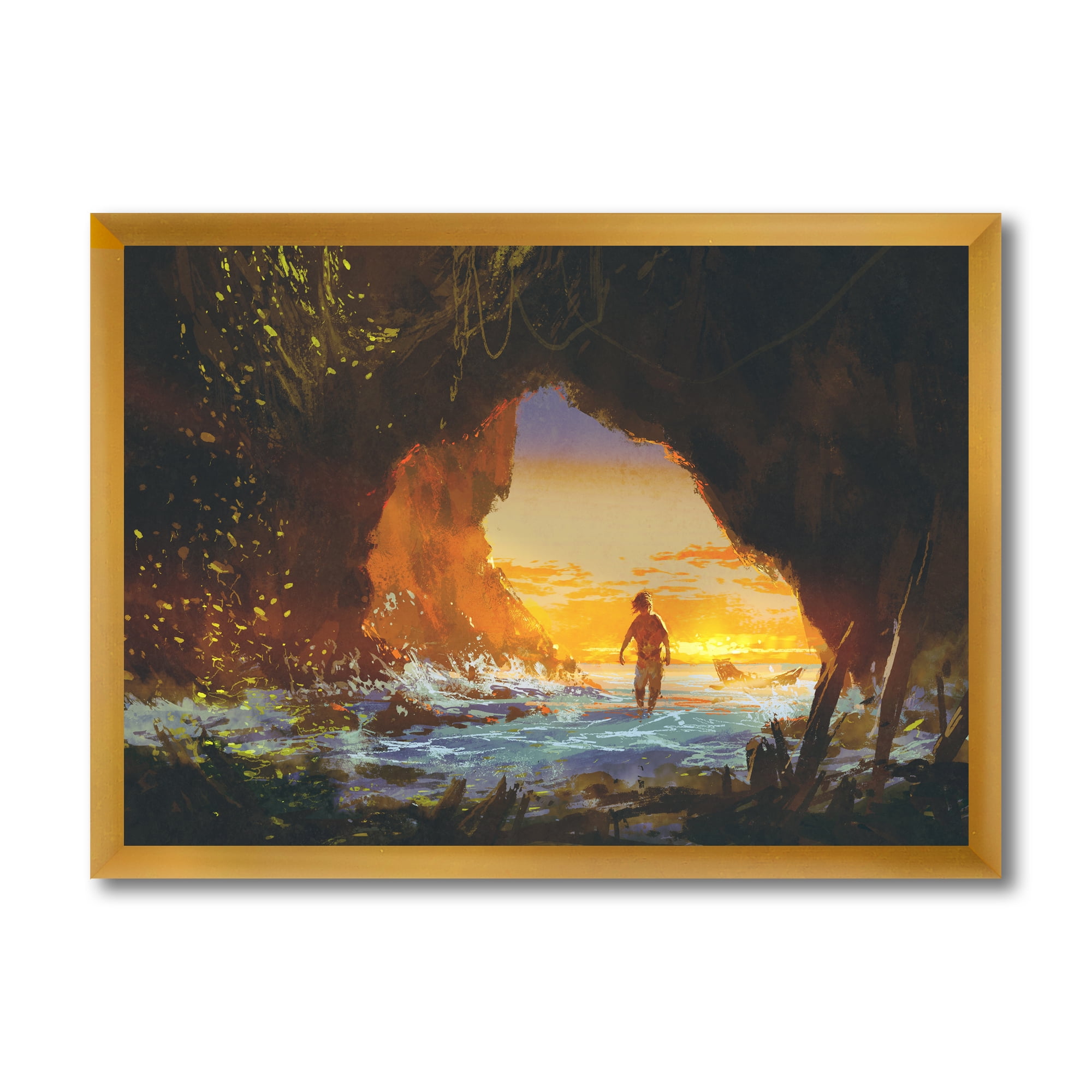 Designart 'The Sea Cave At Sunset With The Man Walking In' Nautical & Coastal Framed Art Print