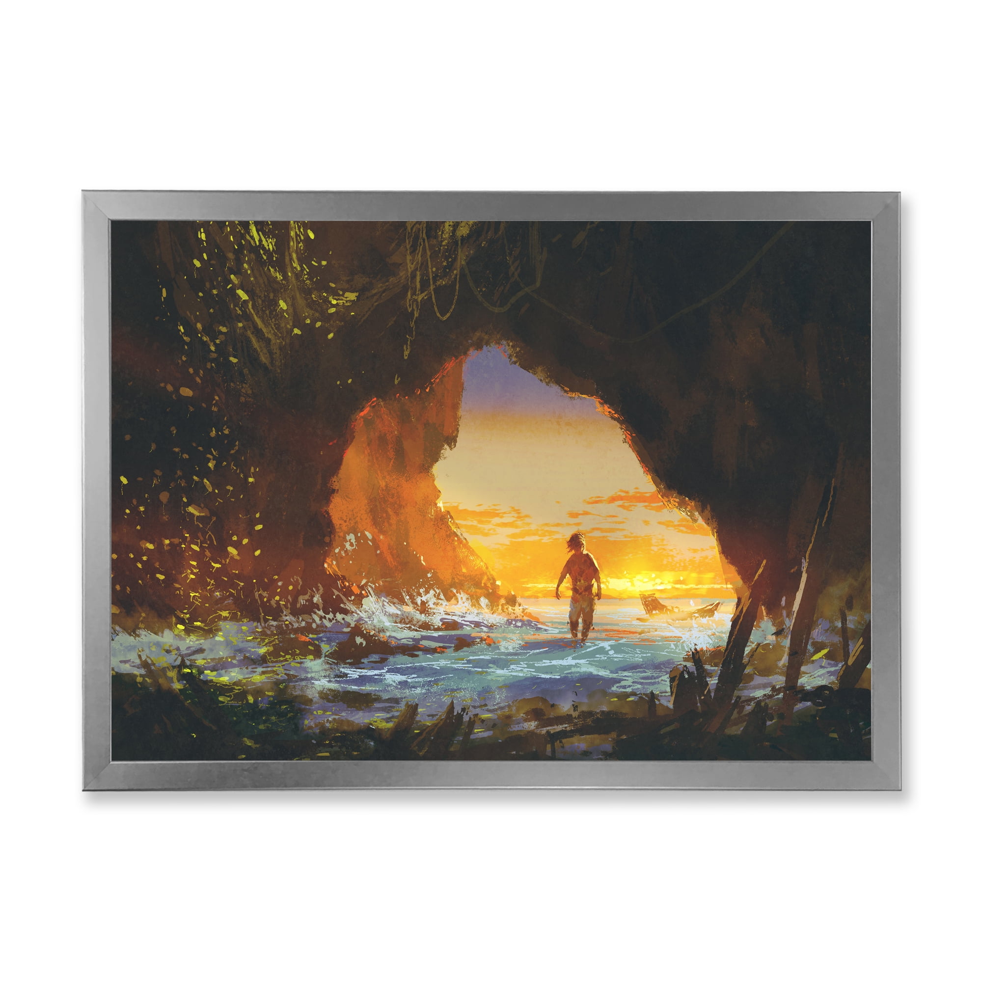Designart 'The Sea Cave At Sunset With The Man Walking In' Nautical & Coastal Framed Art Print