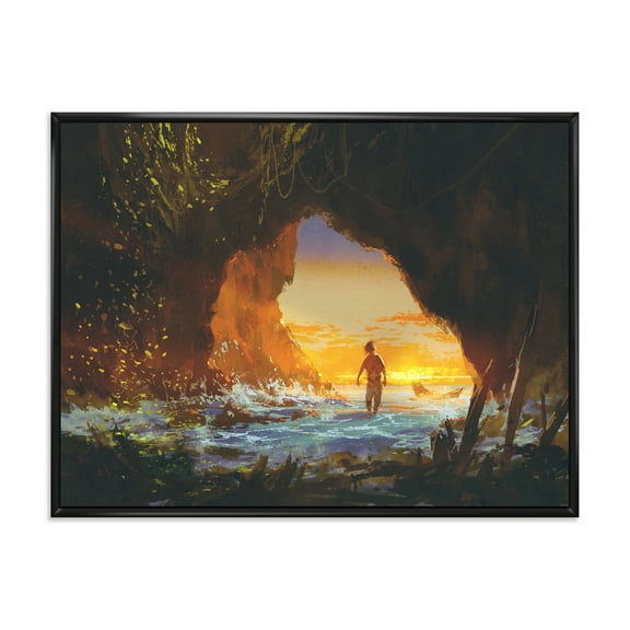 Designart 'The Sea Cave At Sunset With The Man Walking In' Nautical & Coastal Framed Canvas Wall Art Print