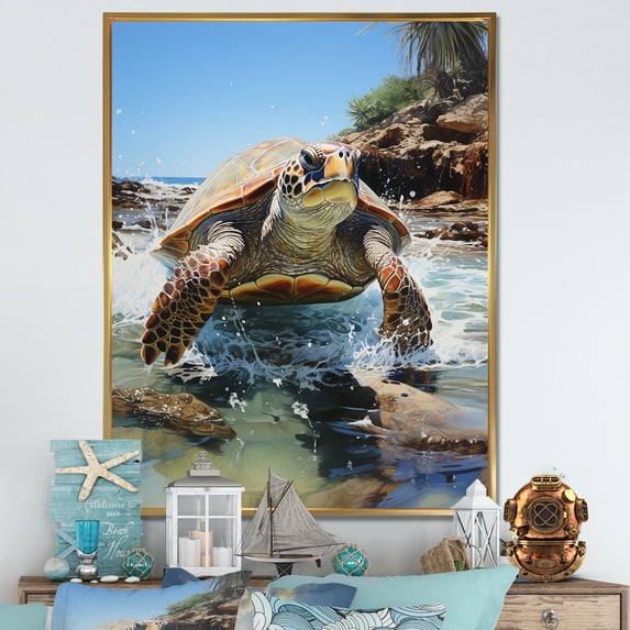 Designart "The Serenity Of A Turtle By The Coast" Animals Turtle Floater Framed Canvas Prints