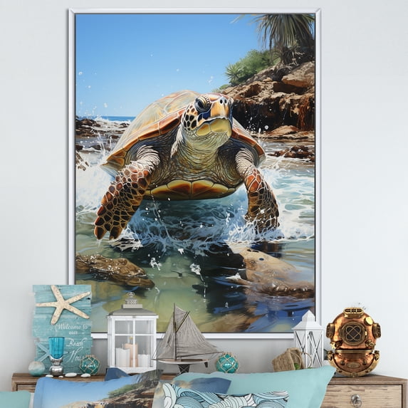 Designart "The Serenity Of A Turtle By The Coast" Animals Turtle Floater Framed Canvas Prints