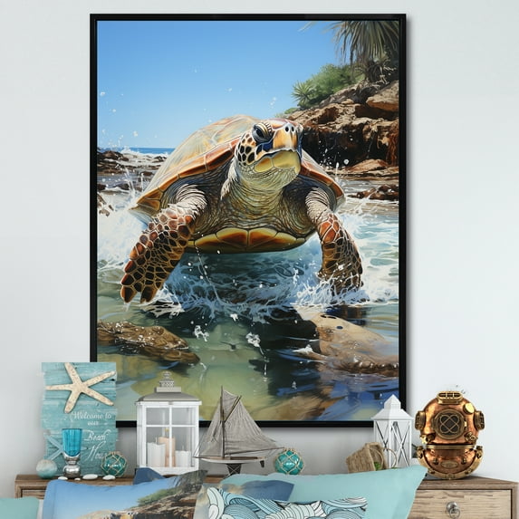 Designart "The Serenity Of A Turtle By The Coast" Animals Turtle Floater Framed Canvas Prints