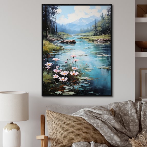 Designart "The Serenity Of Romantic Floral Waters I" Landscape Lake River Floater Framed Wall Art Living Room