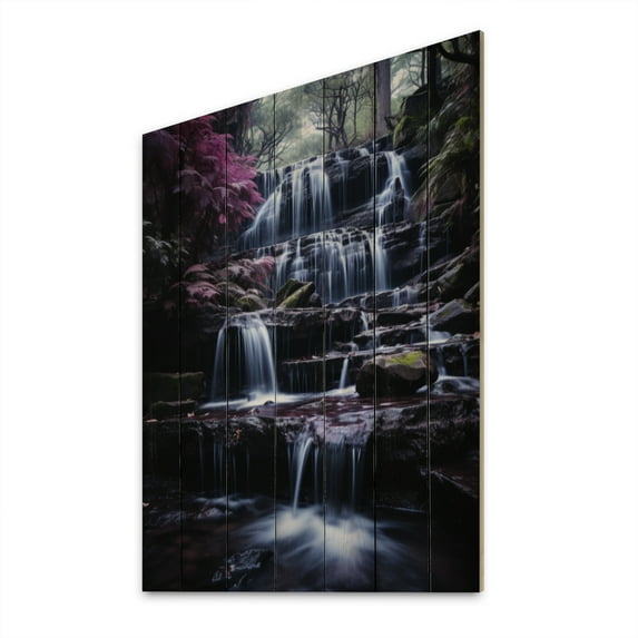 Designart "The Shrouded Majesty of a Waterfall" Landscapes Print on Natural Pine Wood