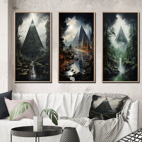 Designart "The Silent Majesty of the Pyramid" Cityscapes Framed Wall Art Set Of 3 - Grey Egypt Frame Gallery Set For Office Decor