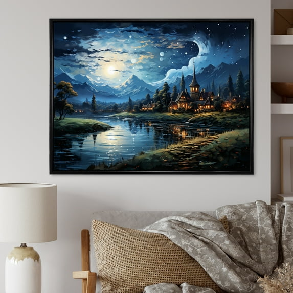 Designart "The Starry Night By Vincent A Masterpiece" Landscapes Floater Framed Wall Art Living Room