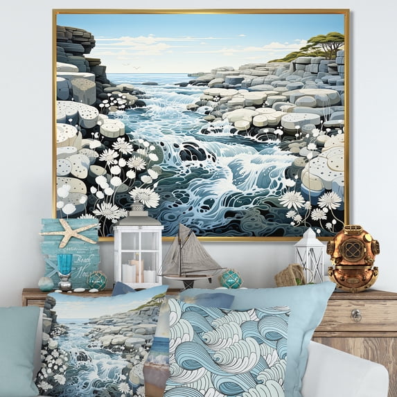 Designart "The Stormy Blue And White Coast Of Japan" Coastal Coral Under Water Floater Framed Canvas Wall Art