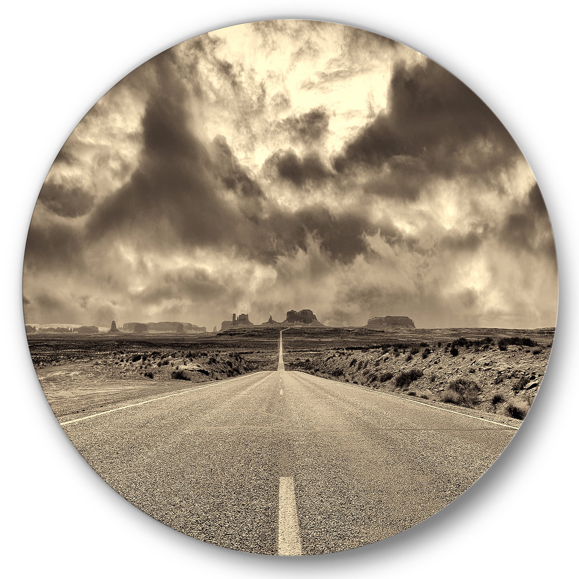 Designart 'The Straight Road To Monument Valley' Traditional Circle Metal Wall Art 23x23 - Disc of 23