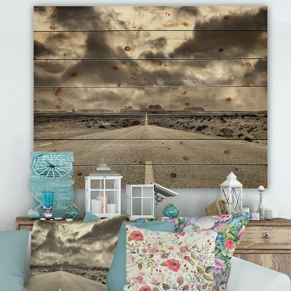 Designart 'The Straight Road To Monument Valley' Traditional Print on Natural Pine Wood