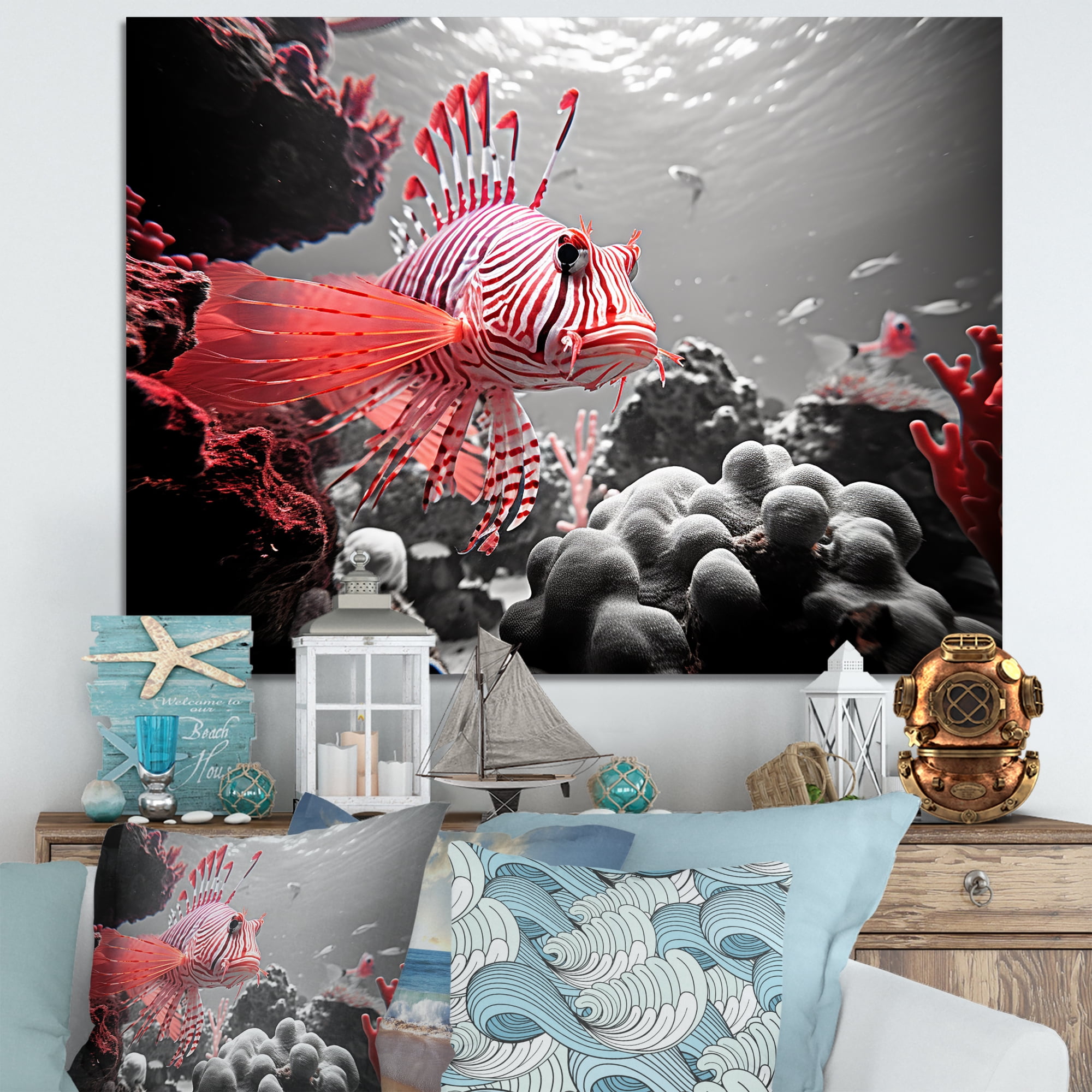 Red and Gray Fish Coastal Canvas Art Print on Pine Frame