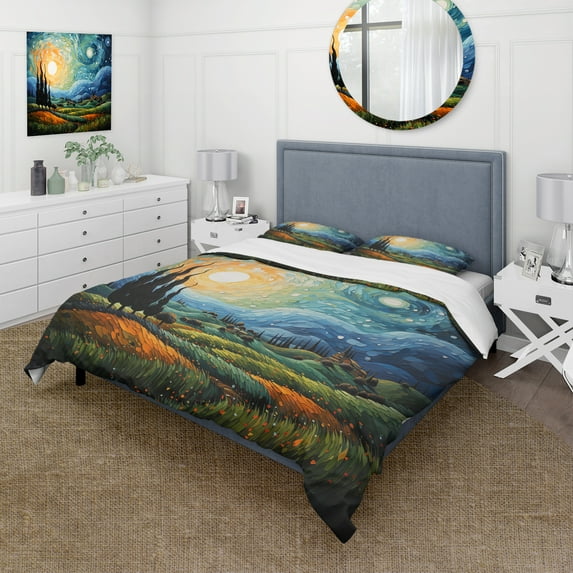 Designart "The Swaying Cypress A Van Gogh-Inspired Artwork II" Vangogh Bedding Covert Set - Landscapes Teal Traditional Bed Set With 1 Sham