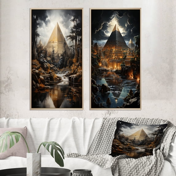 Designart "The Timeless Wonder of the Pyramid" Egypt Framed Wall Art Set Of 2 - Yellow Landscapes Framed Canvas Set For Living Room Decor