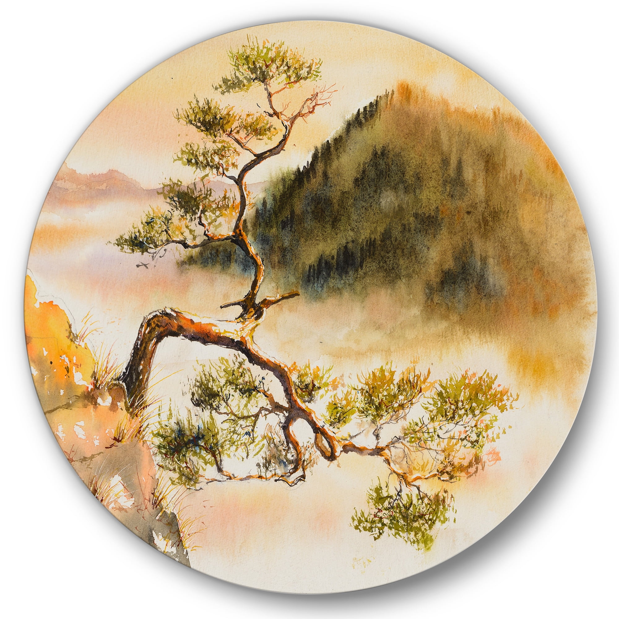 Designart 'The Top of Sokolica Peak With Curved Pine Tree' Traditional Circle Metal Wall Art 29x29 - Disc of 29