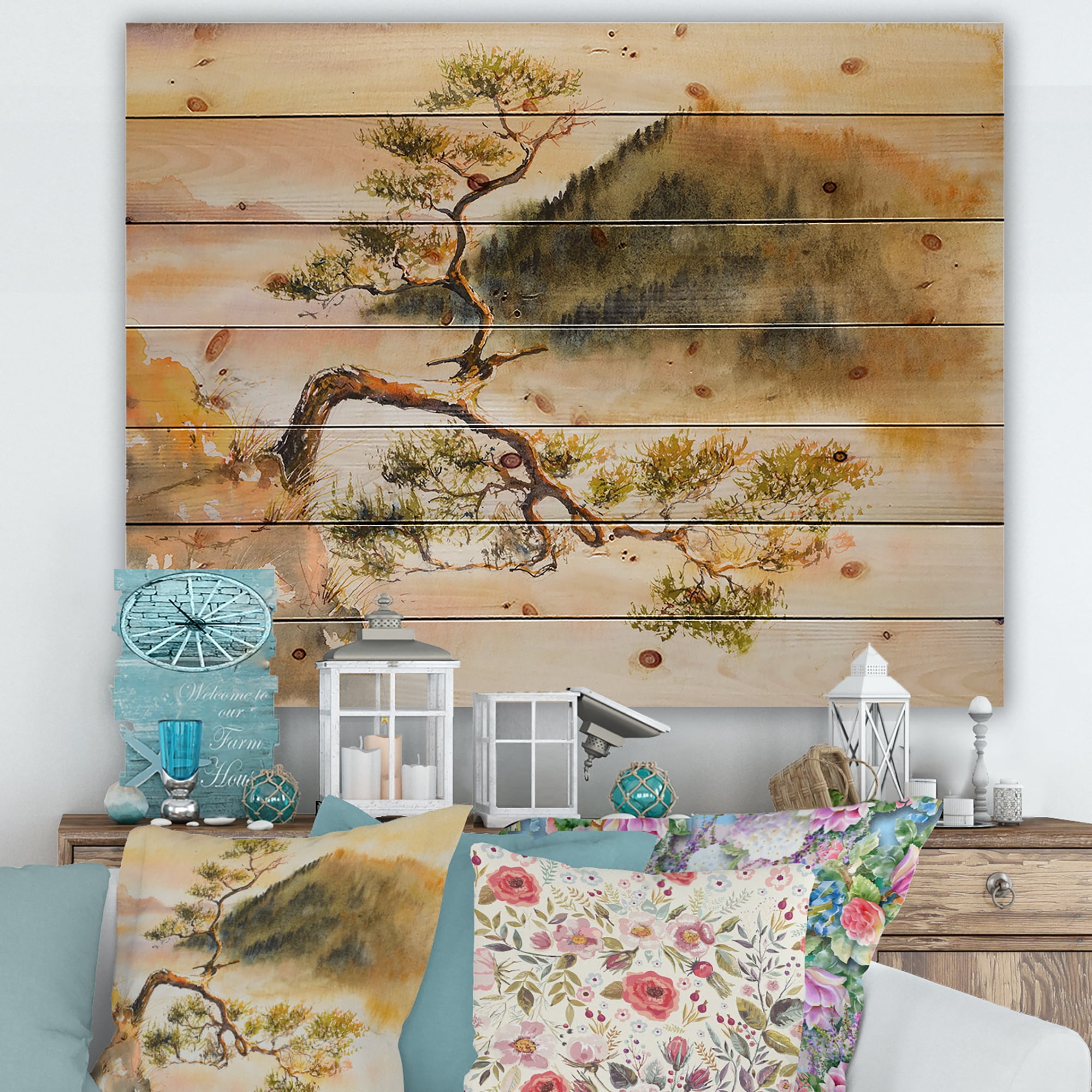 Designart 'The Top of Sokolica Peak With Curved Pine Tree' Traditional Print on Natural Pine Wood