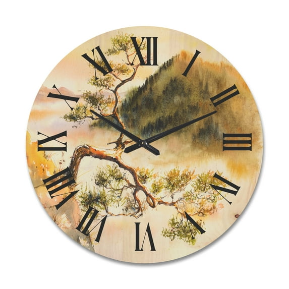 Designart 'The Top of Sokolica Peak With Curved Pine Tree' Traditional Wood Wall Clock