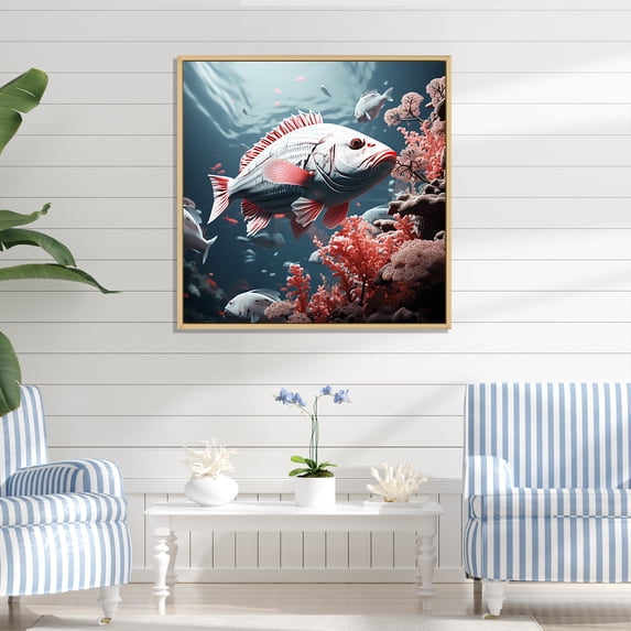 Designart "The Underwater Monochrome Dance Of Pink And Grey Fish" Coastal Coral Under Water Floater Framed Wall Decor