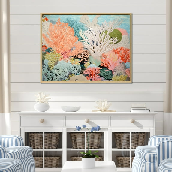 Designart "The Vibrant Scenery Of Coral And Anemones I" Coastal Coral Under Water Floater Framed Wall Art Prints