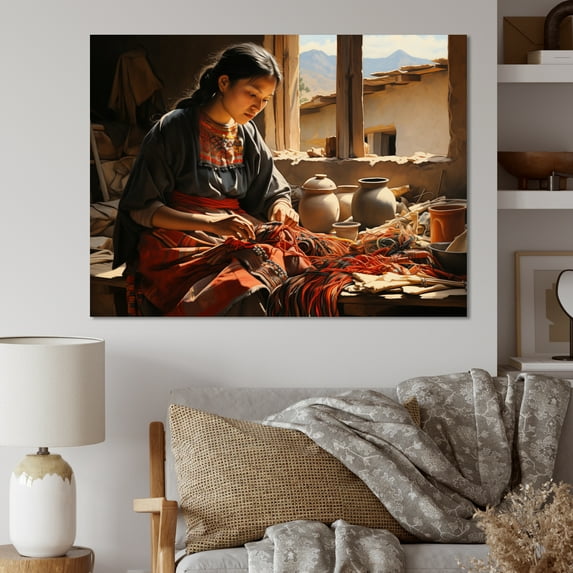 Designart "The Weaver Coral and Beige Mexican Art" Mexican Art Canvas Print