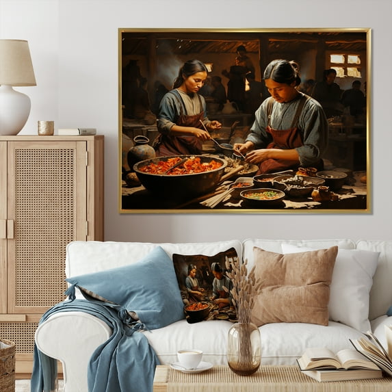 Designart "The Weaver Coral and Grey Mexican Art" Mexican Floater Framed Canvas Wall Art