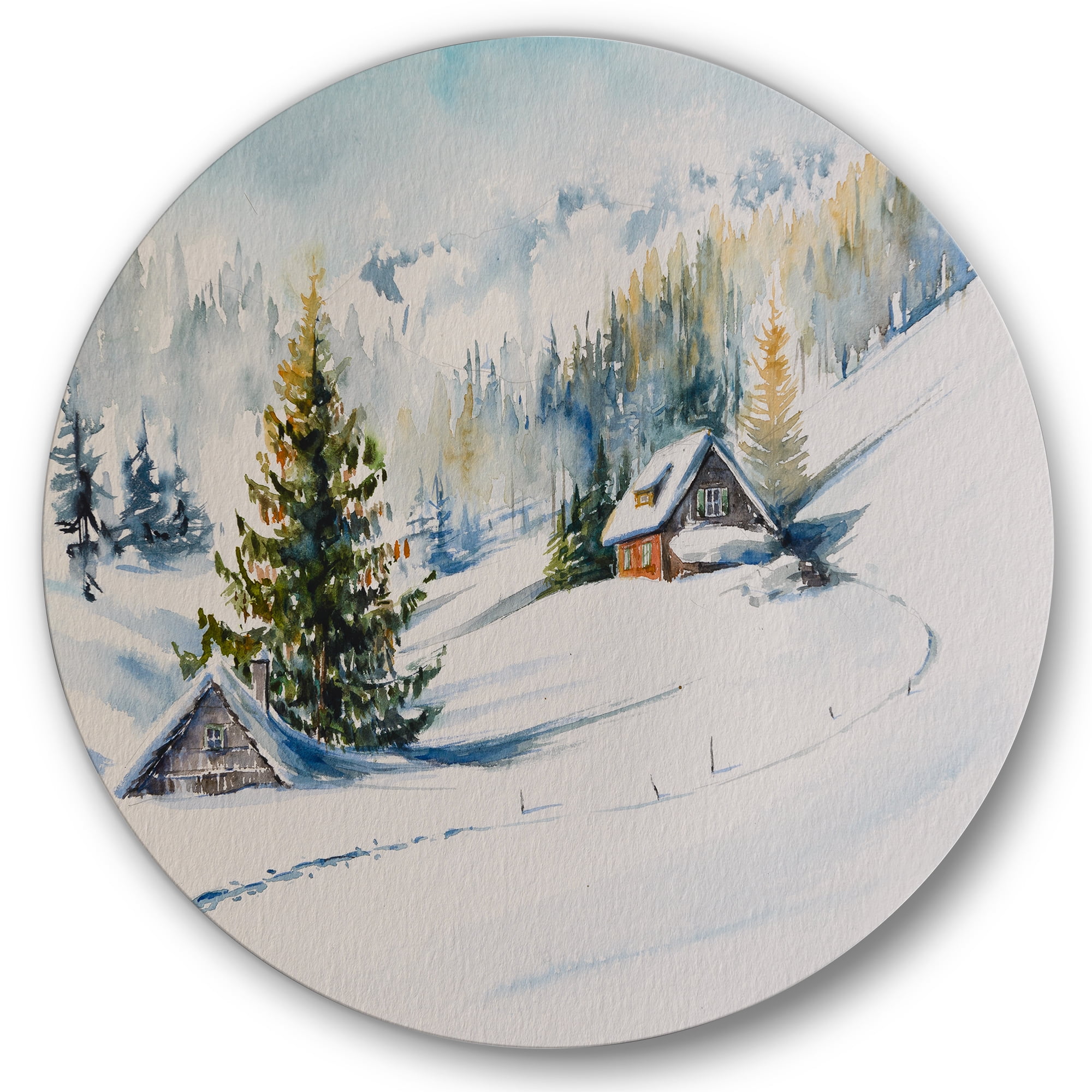 Designart 'The Winter Mountains With Little House' Traditional Circle Metal Wall Art 11x11 - Disc of 11