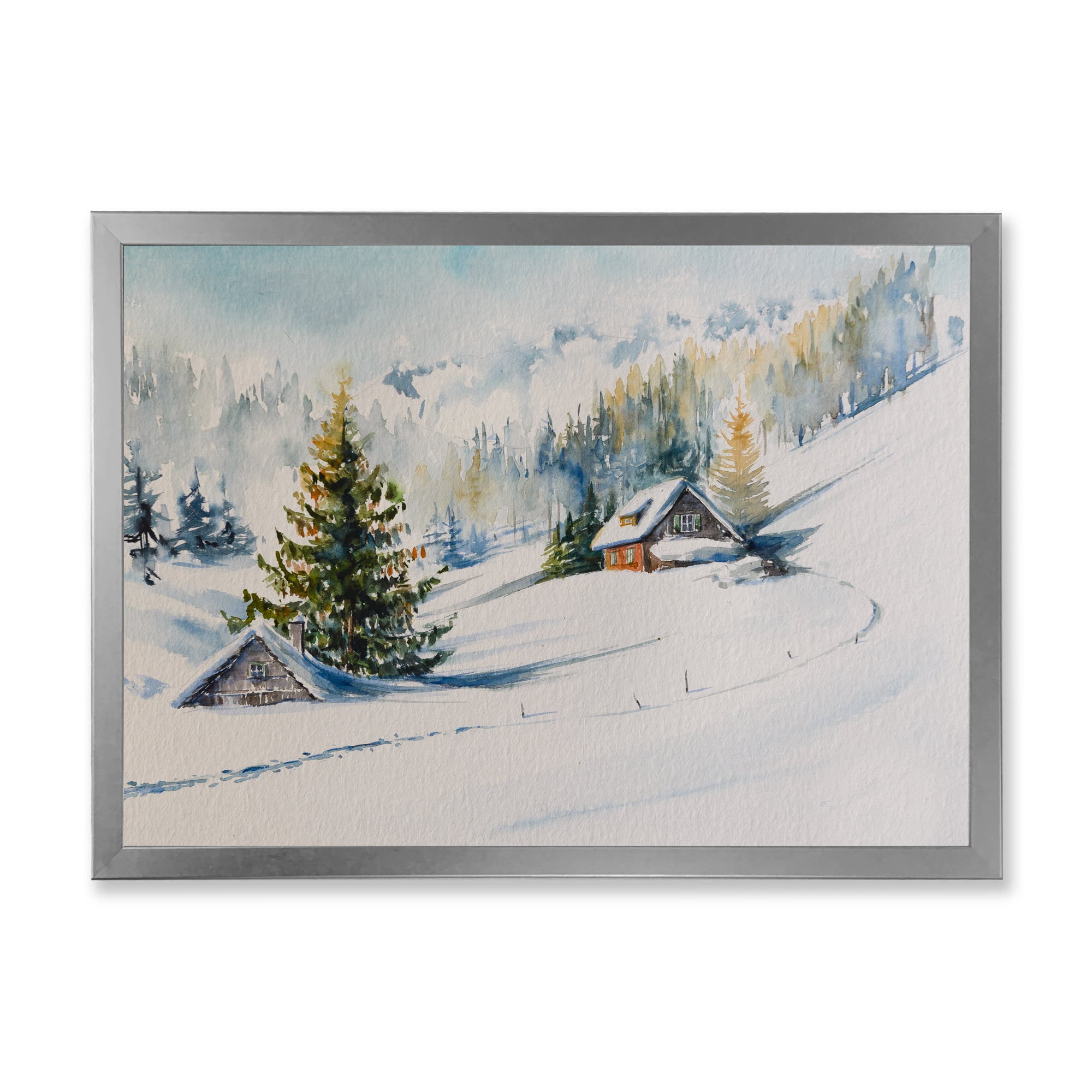 Designart 'The Winter Mountains With Little House' Traditional Framed Art Print