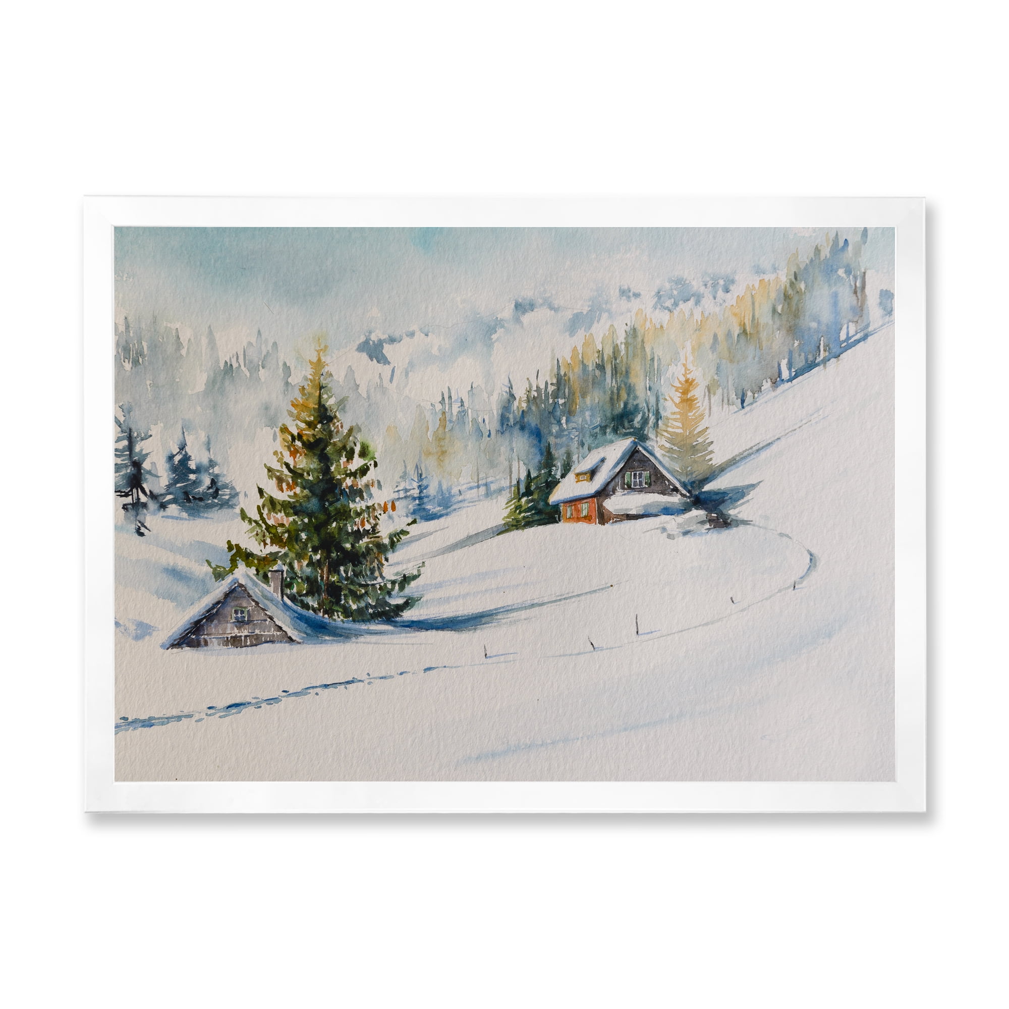 Designart 'The Winter Mountains With Little House' Traditional Framed Art Print