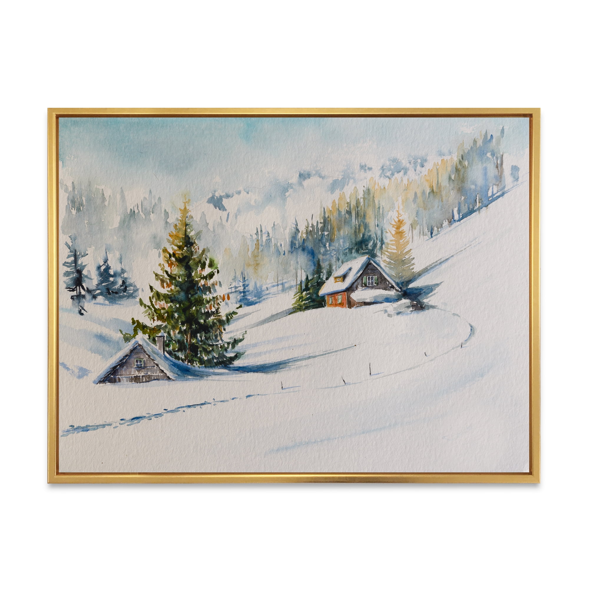 Designart 'The Winter Mountains With Little House' Traditional Framed Canvas Wall Art Print