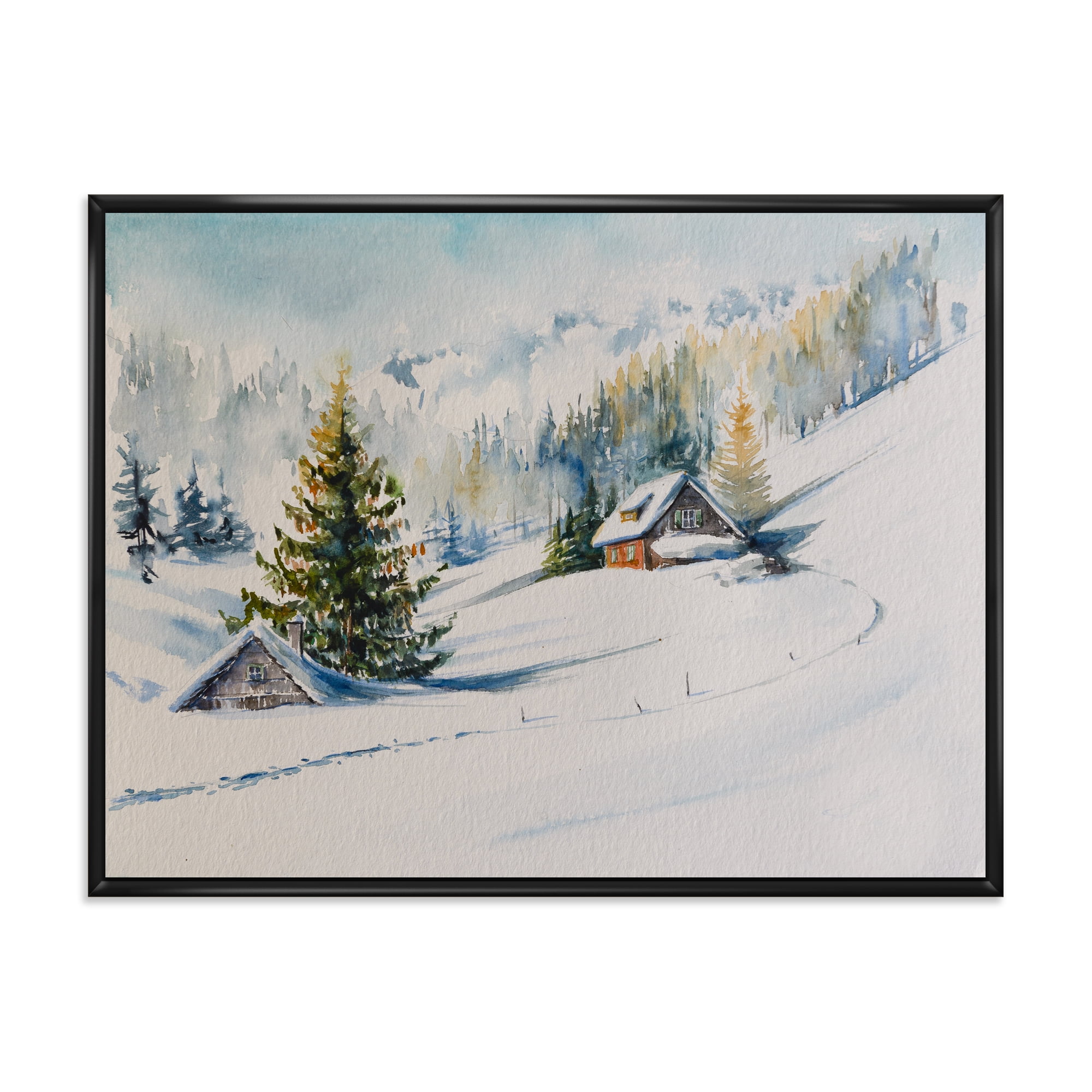 Designart 'The Winter Mountains With Little House' Traditional Framed Canvas Wall Art Print