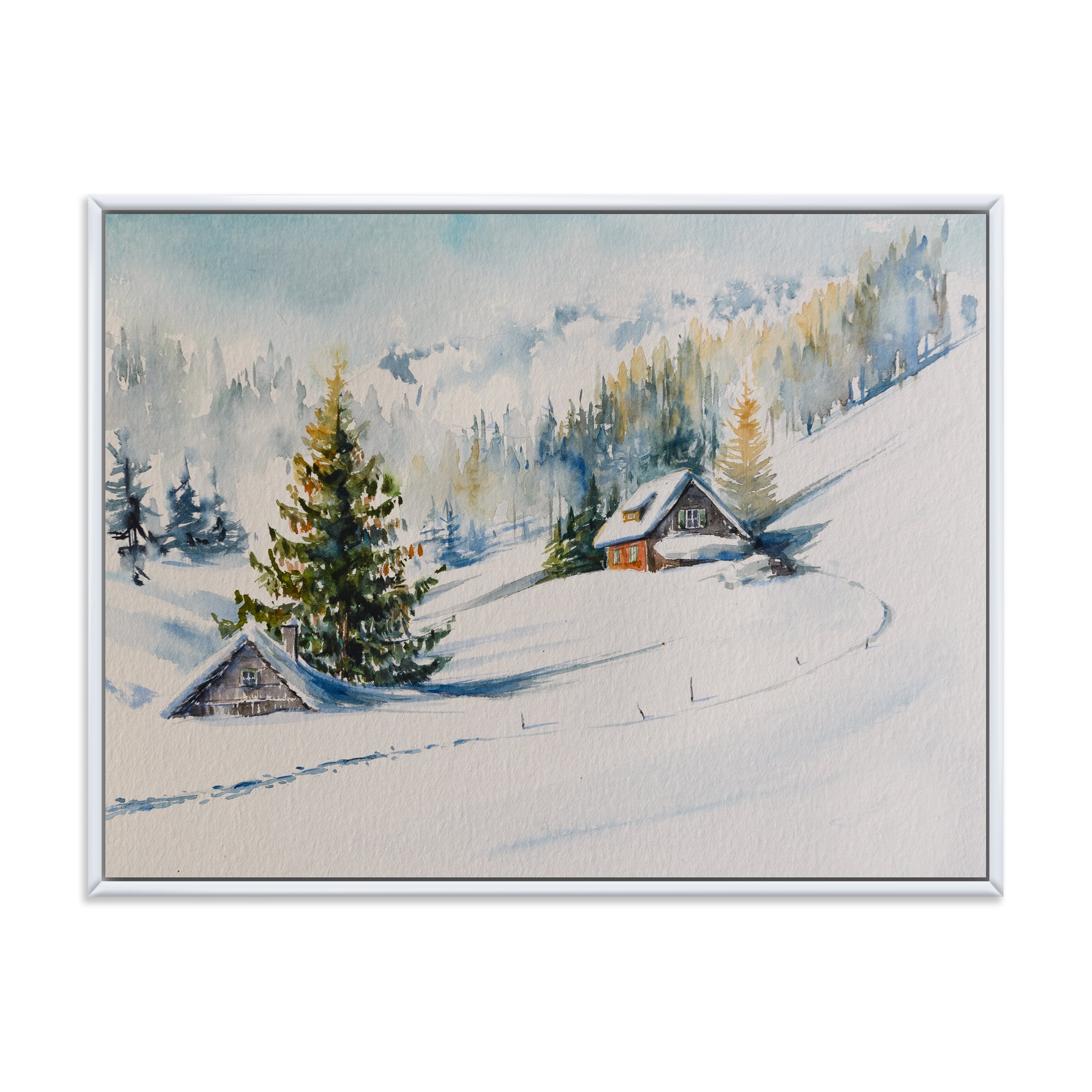 Designart 'The Winter Mountains With Little House' Traditional Framed Canvas Wall Art Print