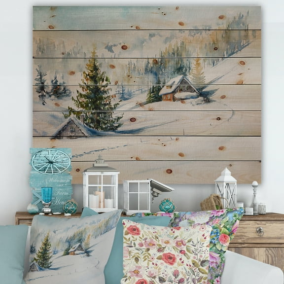 Designart 'The Winter Mountains With Little House' Traditional Print on Natural Pine Wood